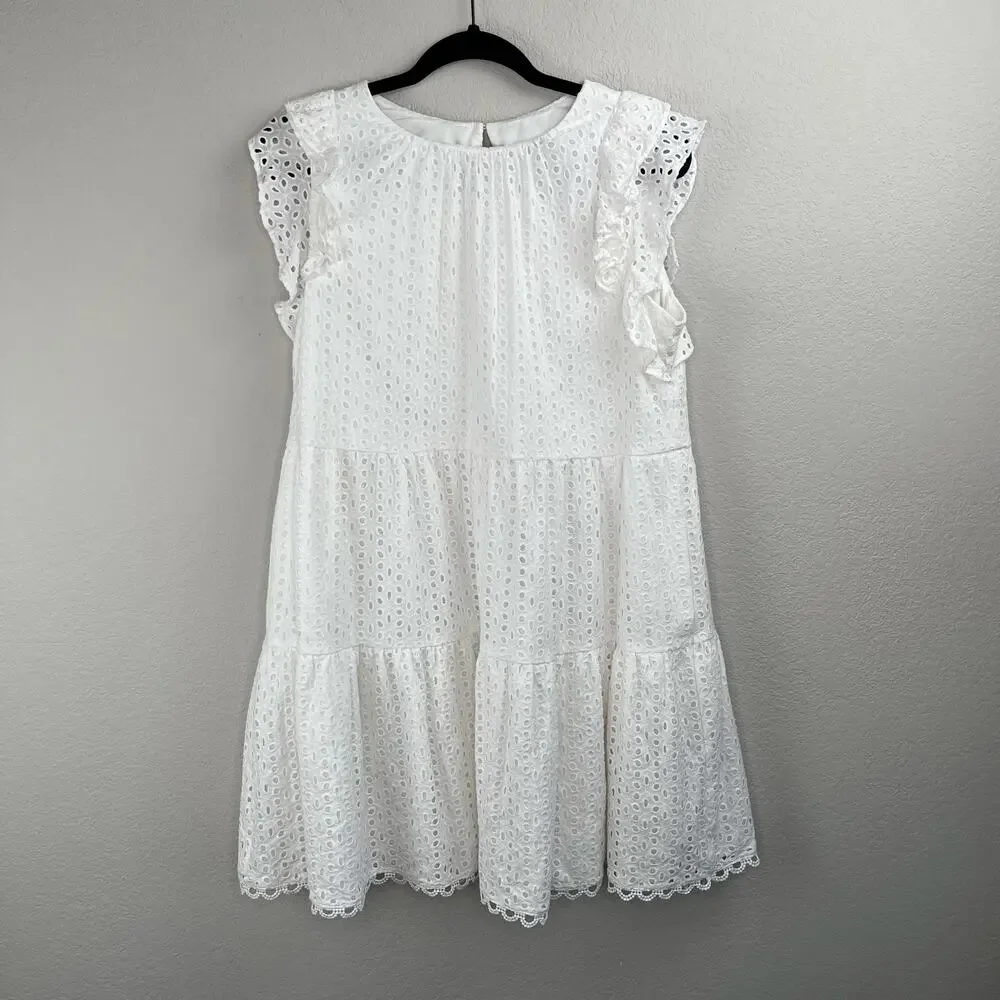 Vince Camuto White Eyelet Ruffle Keyhole Back Tiered Fit & Flare Mini Dress 14/L